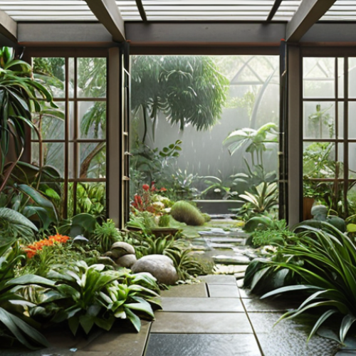 **

A serene inner garden bathed in soft light, featuring diverse plants thriving despite a storm raging outside. Focus on resilience and peace.

**