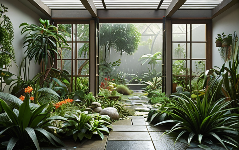 **

A serene inner garden bathed in soft light, featuring diverse plants thriving despite a storm raging outside. Focus on resilience and peace.

**